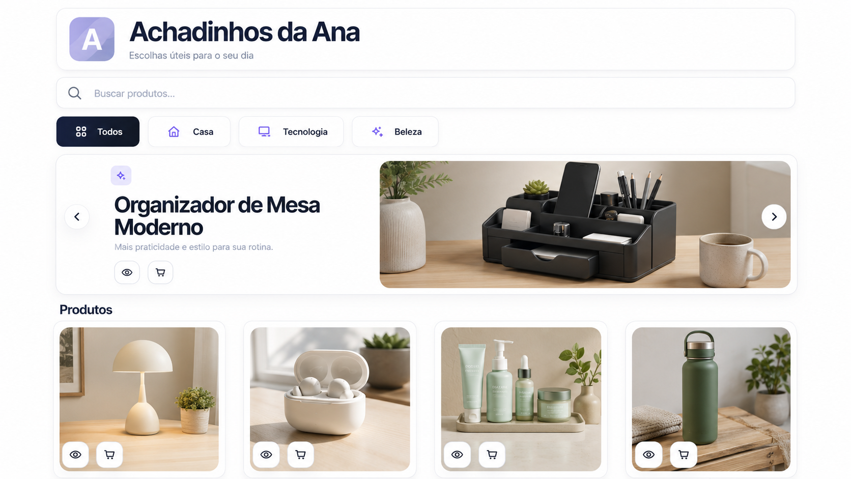 Exemplo demonstrativo de um catálogo público fictício com busca, categorias, destaque e grade de produtos.