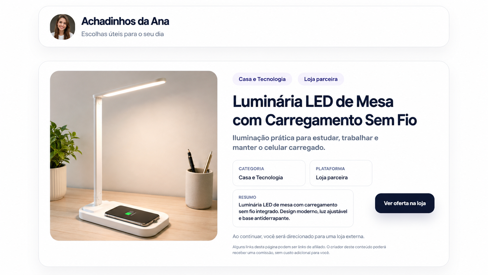 Exemplo demonstrativo de uma página fictícia de produto com imagem, categoria, resumo e botão para loja externa.